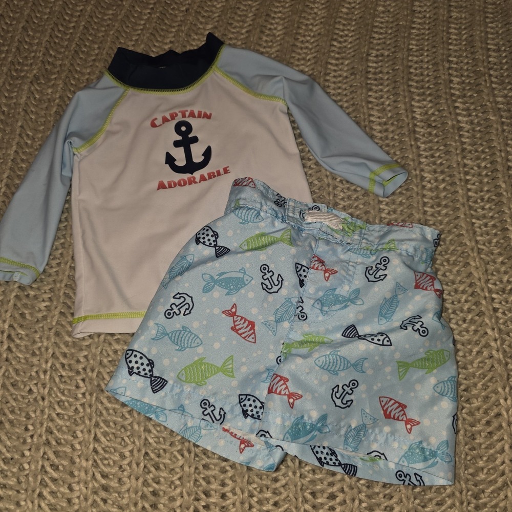 Little Boys Bathing Suit Set- Size 3-6mo Sun Shirt & Trunks Target Brand Beach